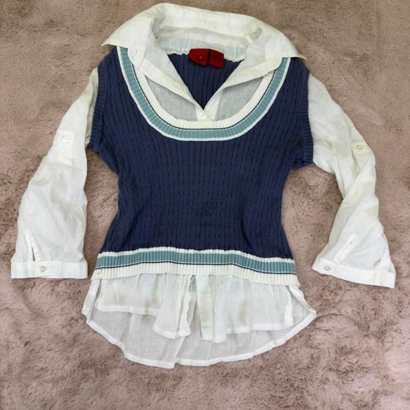 Y2K Preppy Layered Sweater Vest Top, blue, button down - Picture 3 of 8
